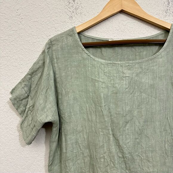FRANCESCA BETTINI Linen Top w Patch Pockets Sage Green SS Lagenlook Peasant - Picture 3 of 8